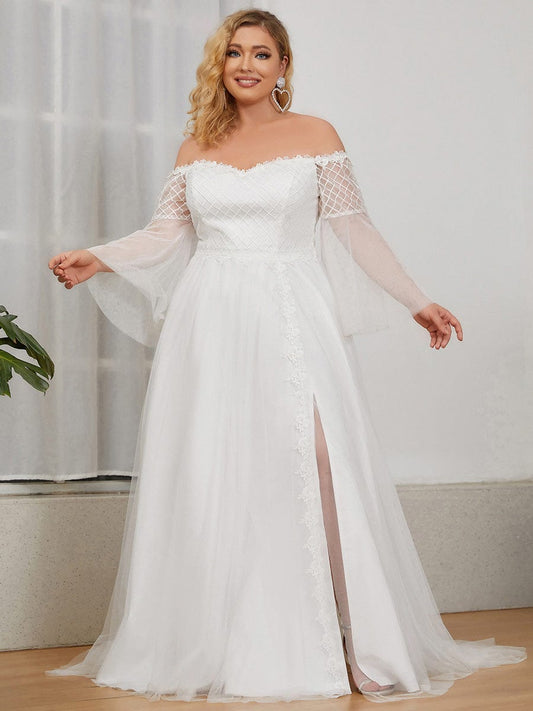 Elegant V-Neck A-Line Wedding Gown with Long Sleeves
