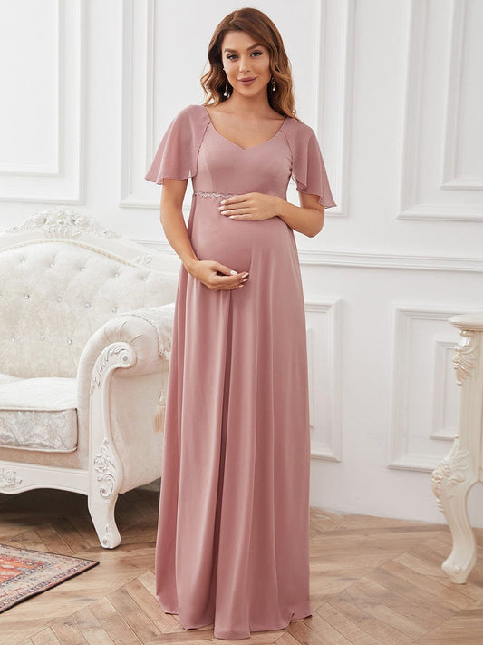 V Neck Floor Length Ruffle Sleeves Wholesale Maternity Dresses EY20842OD04 Orchid / 4
