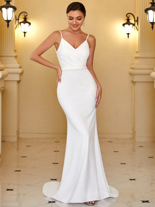 V Neck Floor Length Wholesale Wedding Dresses with Spaghetti Strap EH0213AWH04 White / 4