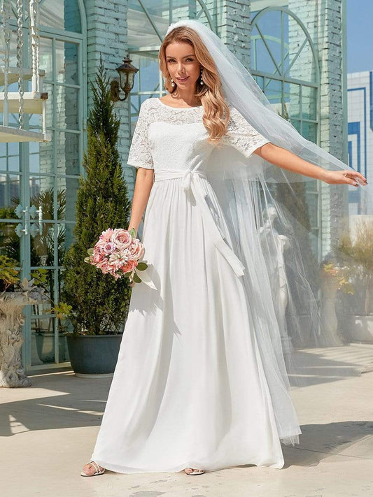 Comfortable Chiffon Wedding Dress With Lace Short Sleeves EZ07624WH04-EH White / 4
