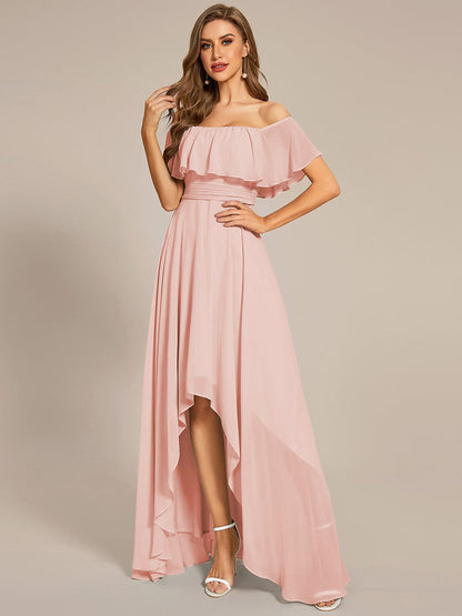 Elegant Chiffon High-Low Off The Shoulder Bridesmaid Dress DRE2310040004PNK4 Pink / 4