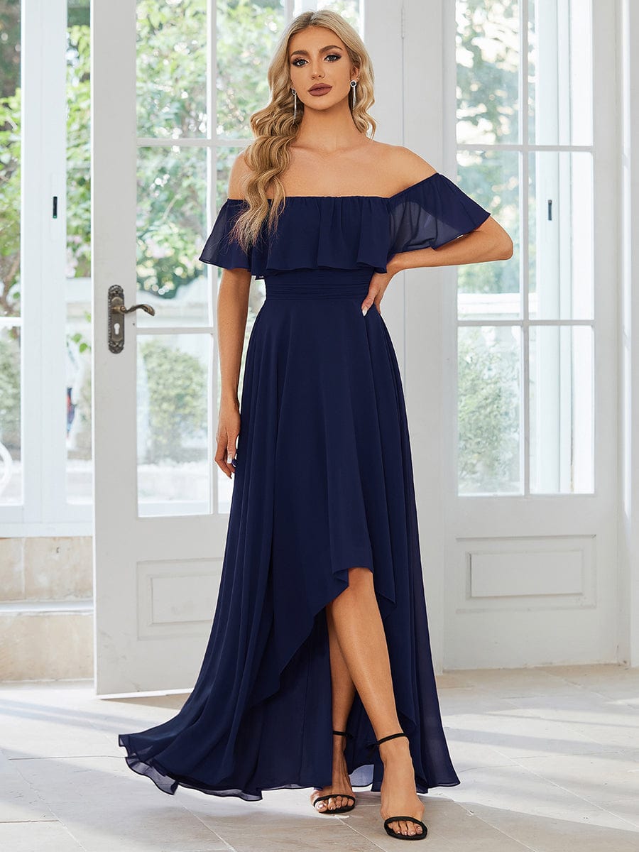 Elegant Chiffon High-Low Off The Shoulder Bridesmaid Dress DRE2310040004NAV4 Navy / 4