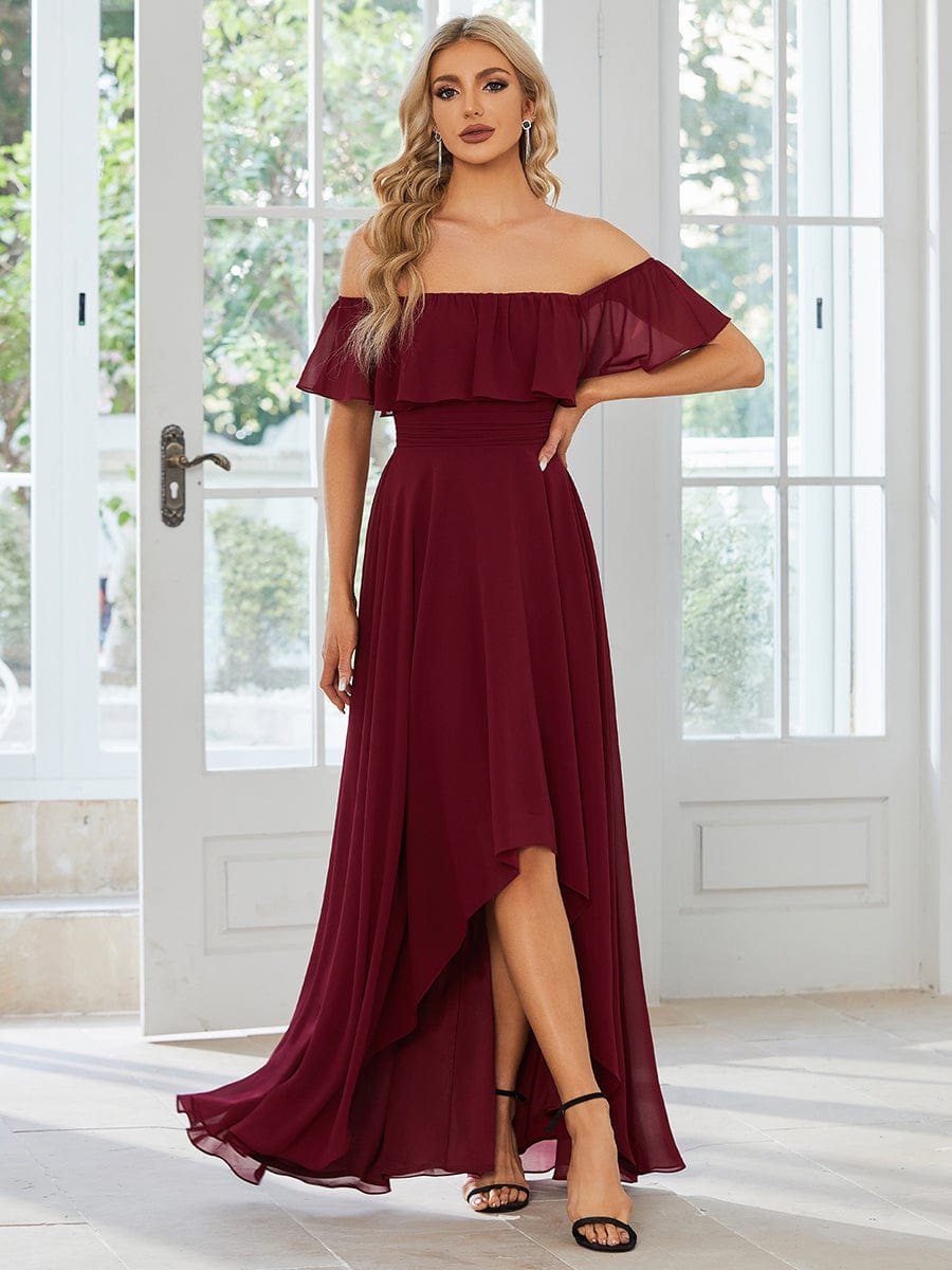 Elegant Chiffon High-Low Off The Shoulder Bridesmaid Dress DRE2310040004DRD4 DarkRed / 4