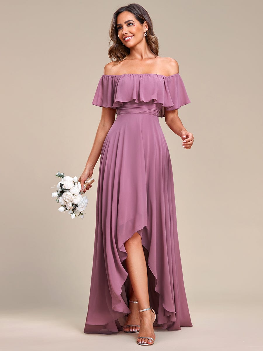Elegant Chiffon High-Low Off The Shoulder Bridesmaid Dress DRE2310040004RBN4 RosyBrown / 4