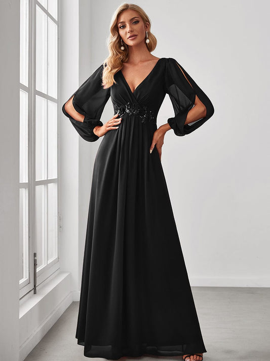 Elegant Chiffon V-Neckline Long Sleeve Formal Evening Dress DRE230976301BLK4 Black / 4