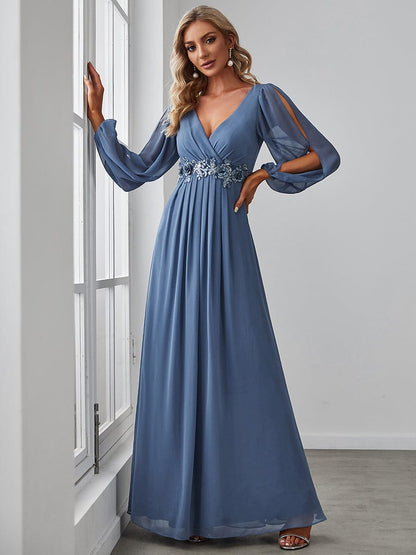 Elegant Chiffon V-Neckline Long Sleeve Formal Evening Dress DRE230976313DNV4 Blue / 4
