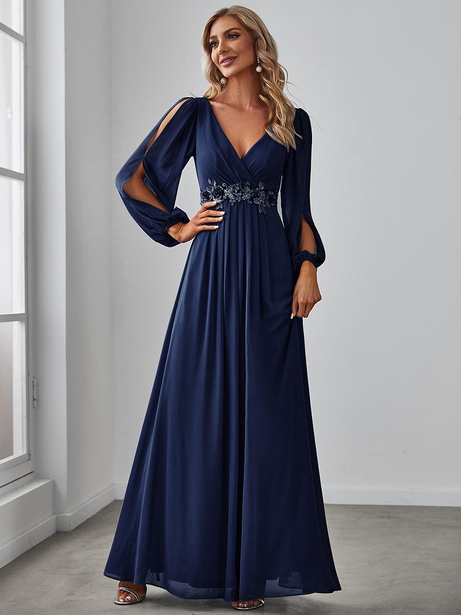 Elegant Chiffon V-Neckline Long Sleeve Formal Evening Dress DRE230976327NBY4 Navy / 4