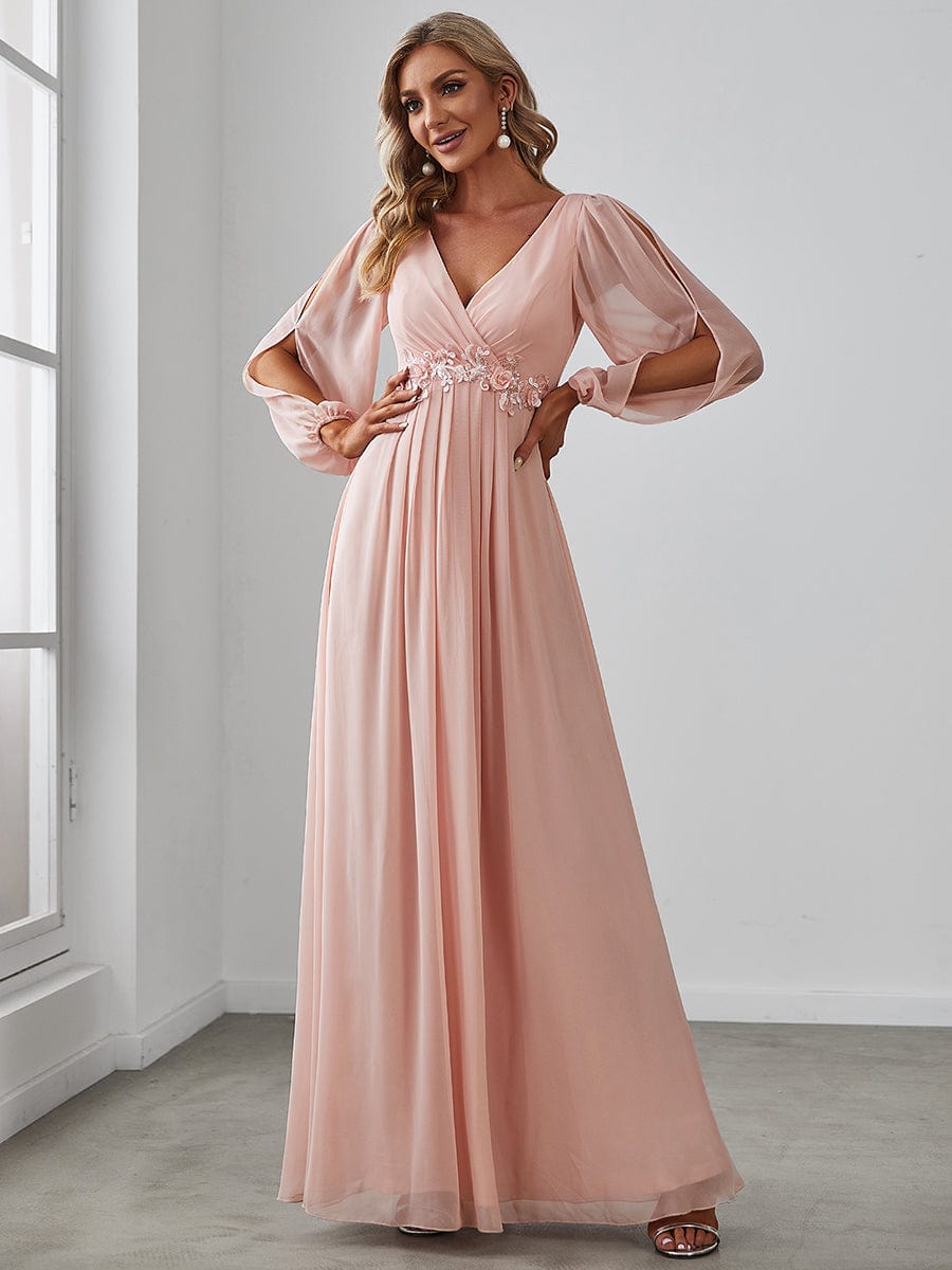 Elegant Chiffon V-Neckline Long Sleeve Formal Evening Dress DRE230976339PNK4 Pink / 4