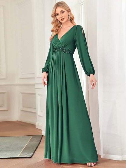 Elegant Chiffon V-Neckline Long Sleeve Formal Evening Dress DRE230976351DGV4 DarkGreen / 4