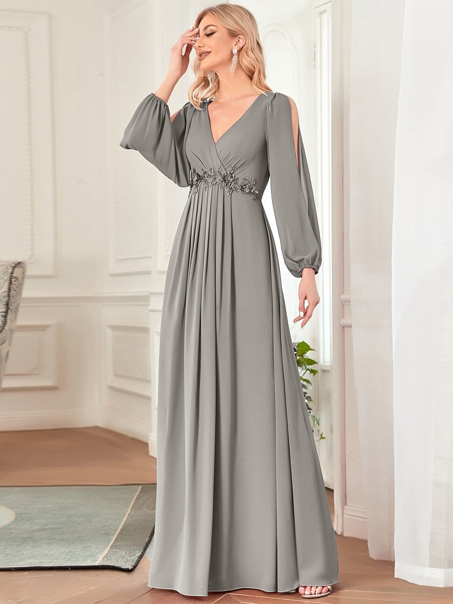 Elegant Chiffon V-Neckline Long Sleeve Formal Evening Dress DRE230976377GRE4 Gray / 4