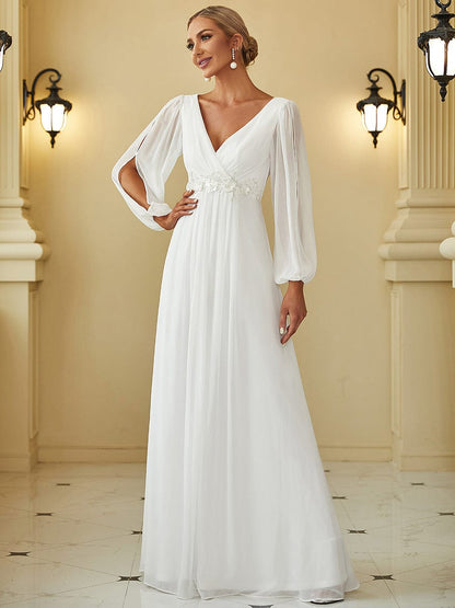 Elegant Chiffon V-Neckline Long Sleeve Formal Evening Dress DRE230976389CRM4 White / 4