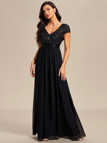Empire Waist V-Neck Cap Sleeve Chiffon Evening Dress DRE2310040012BLA4 Black / 4