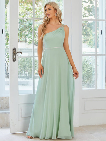 Flowy Chiffon One-Shoulder with Three Straps Bridesmaid Dress DRE2310040017GRN4 Green / 4