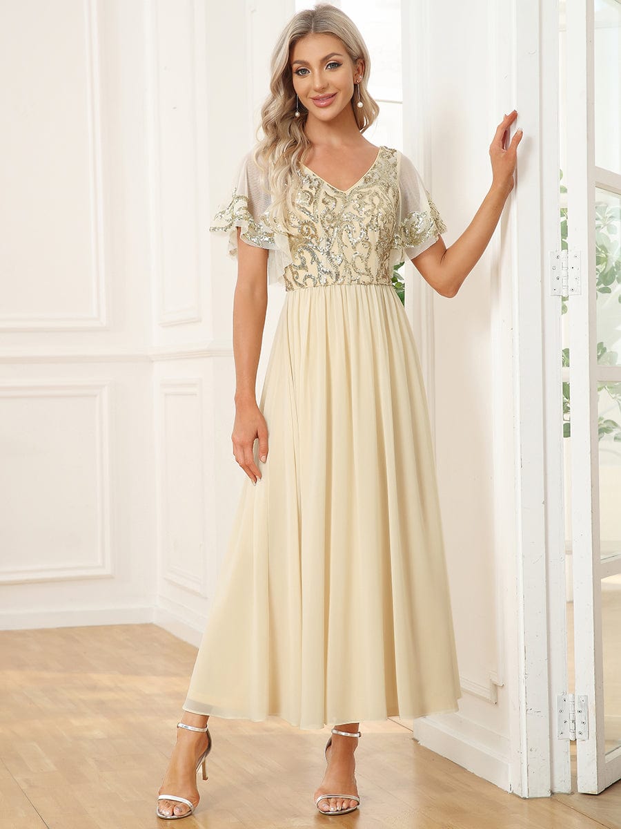 Short Sleeve V-Neck Sequin Chiffon A-Line Mother of the Bride Dress DRE2310040010GOL4 Gold / 4