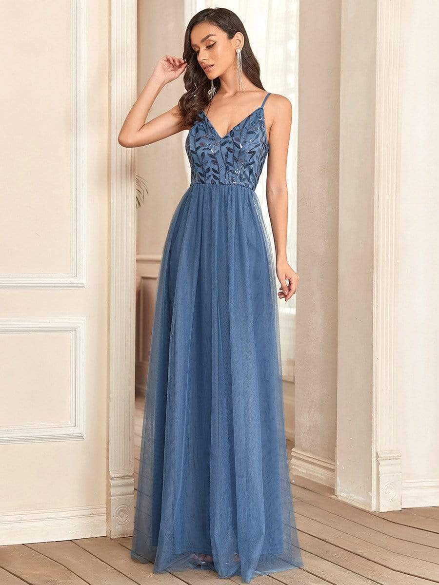 Soft Spaghetti Straps V-Neck Embroidery Evening Dress DRE2310040015BLU4 Blue / 4