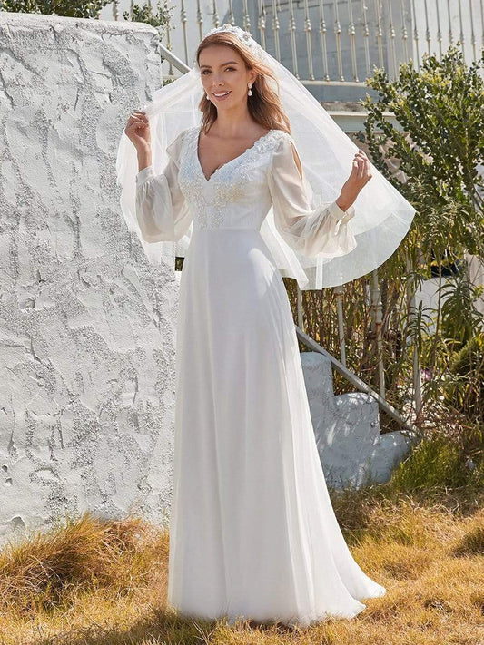 Women's Long-Sleeved Chiffon  Wedding Dress with Appliques EP00457WH04-EH White / 4