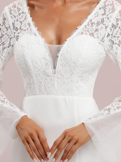 V-Neck Split Fishtail Wholesale Wedding Dresses With Long Sleeves