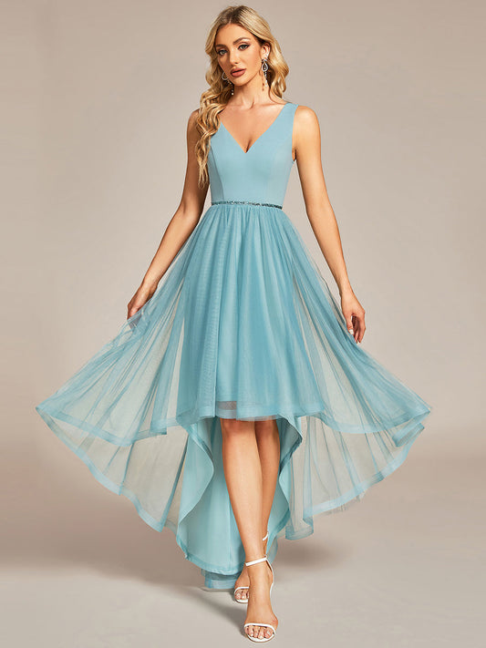 Pretty High Low V Neck Tulle Wholesale Prom Dresses