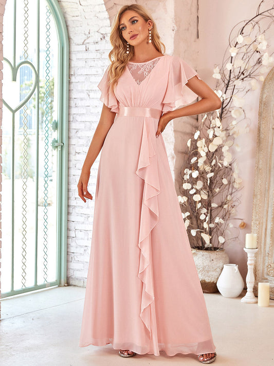 V Neck A Line Wholesale Bridesmaid Dresses with Ruffle Sleeves