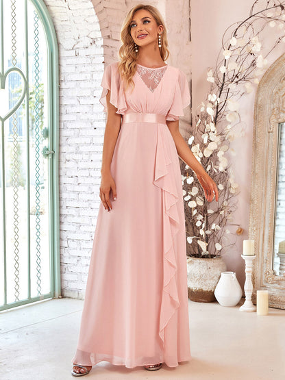 V Neck A Line Wholesale Bridesmaid Dresses with Ruffle Sleeves