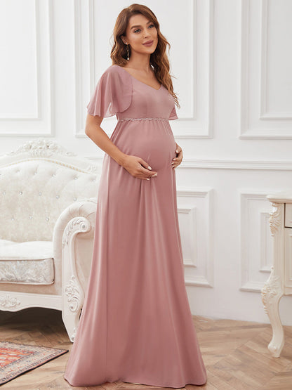 V Neck Floor Length Ruffle Sleeves Wholesale Maternity Dresses