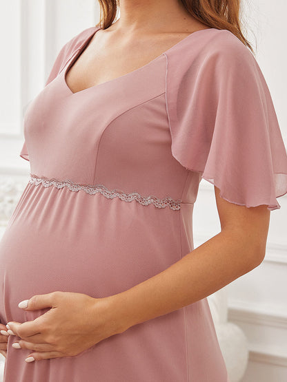 V Neck Floor Length Ruffle Sleeves Wholesale Maternity Dresses