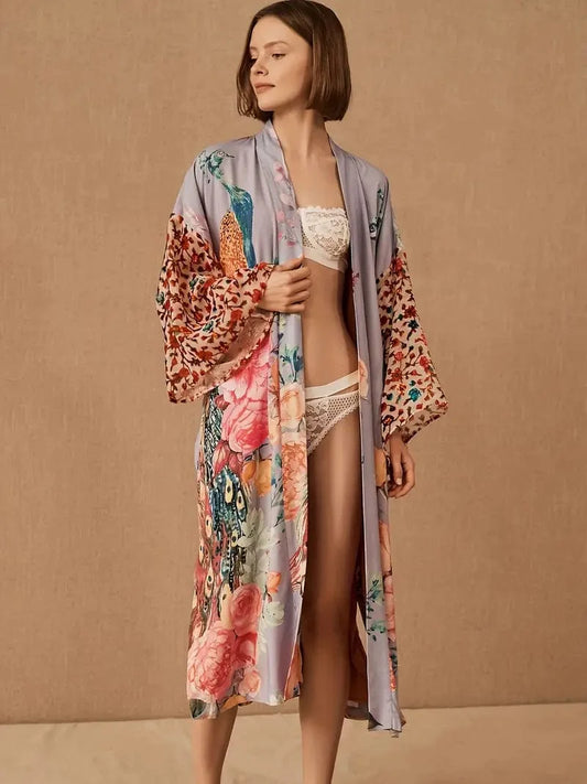 Peacock Blossom Kimono Cover Up, Flowy Sleeves With Belt, Women's Beachwear & Apparel
