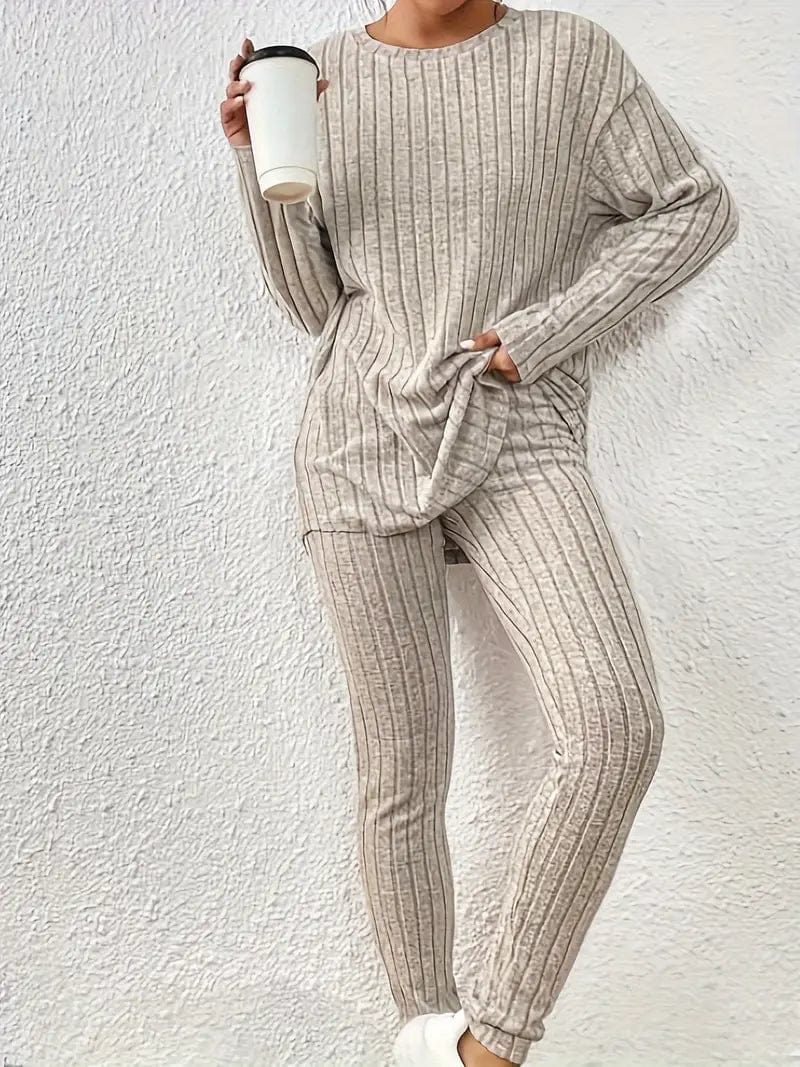 Ribbed Long Sleeve Crew Neck T-shirt & Skinny Pants Set, Women's Casual Outfit