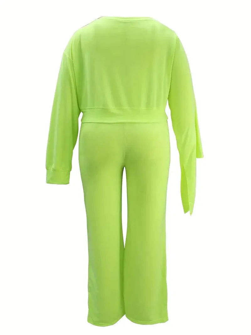 Fashionable Women's Solid Casual Two-piece Set with Slant Shoulder Tops & Drawstring Pant Ensemble
