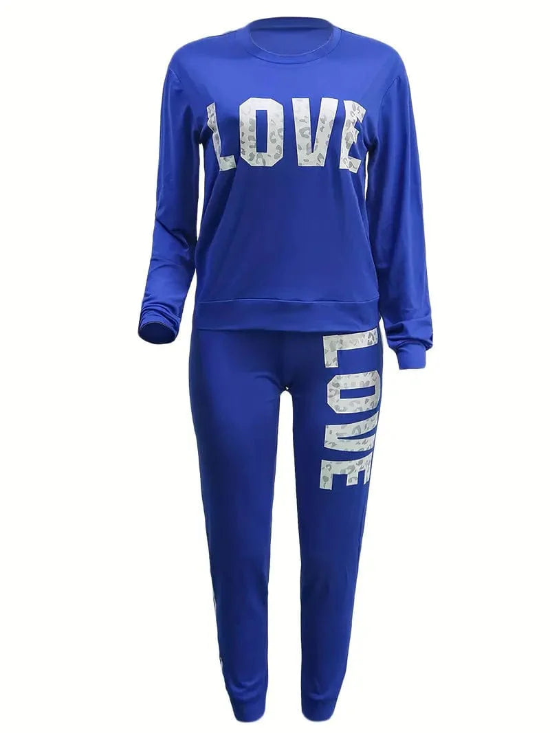 Sports Love Letter Print Two-piece Set for Women, Long Sleeve Top & Pants for Fall & Winter - Women's Apparel