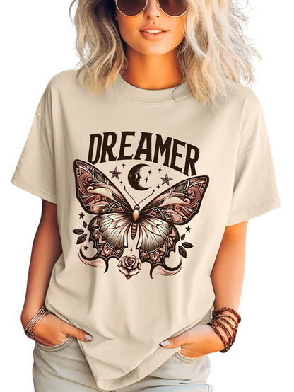 Butterfly & Moon Print T-shirt, Short Sleeve Crew Neck Casual Top For Summer & Spring, Women's Clothing