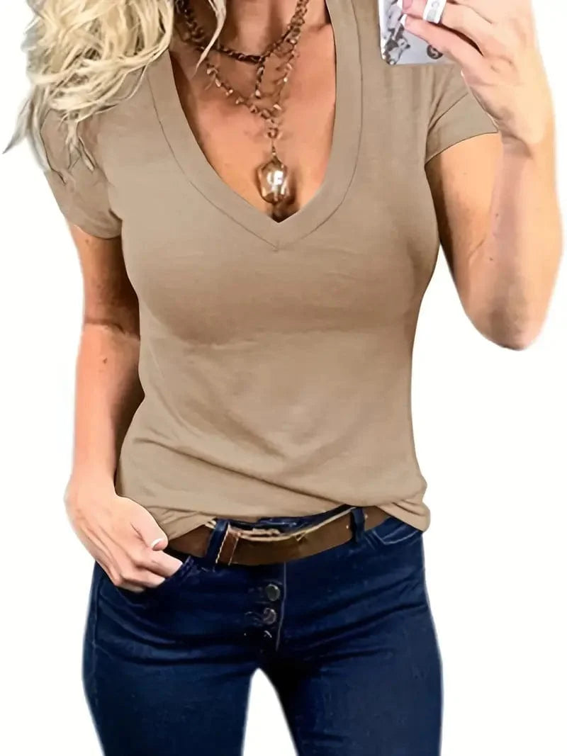 Stylish Women's Solid V Neck Tee for Spring & Summer