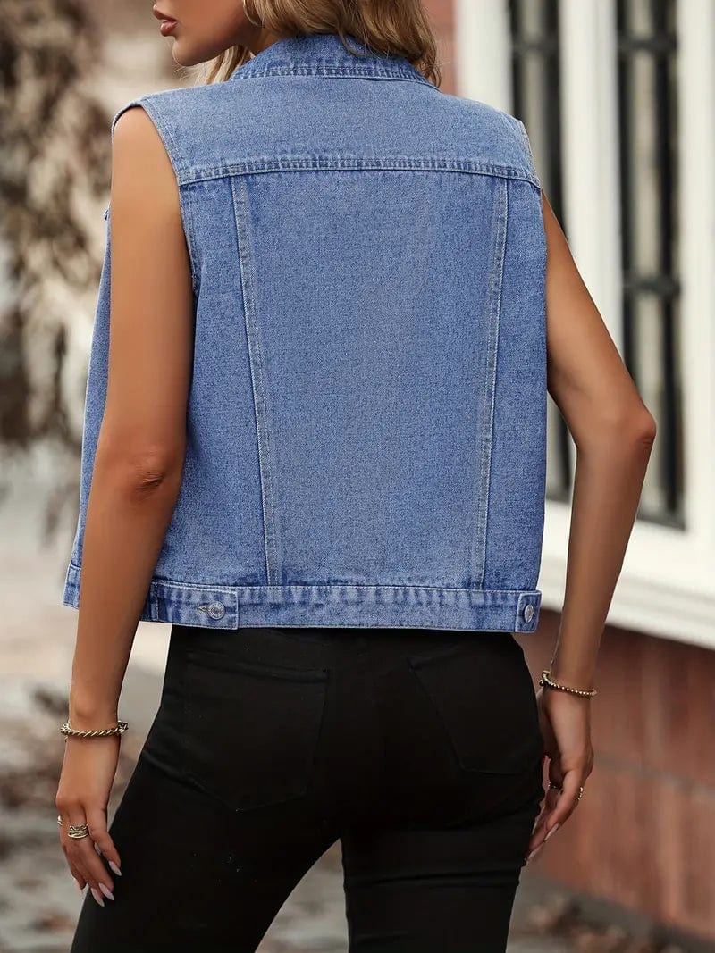 Sleeveless Denim Vest with Button-Up Lapel - Women's Stylish Denim Wear