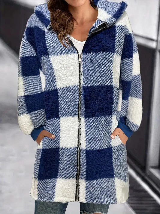 Plaid Print Hooded Coat, Casual Long Sleeve Warm Zip Up Outerwear, Women's Apparel