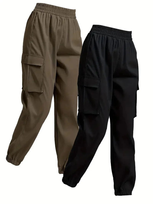 Jogger Cargo Pants 2-Pack with Flap Pockets and Elastic Waistband for Women