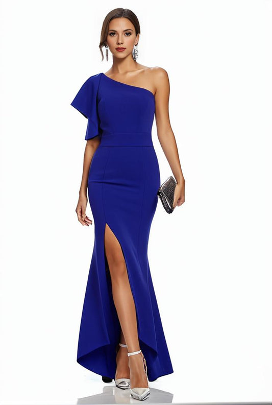 elegant bodycon dress with slant shoulder ruffle trim and asymmetrical hem for parties and banquets 136136