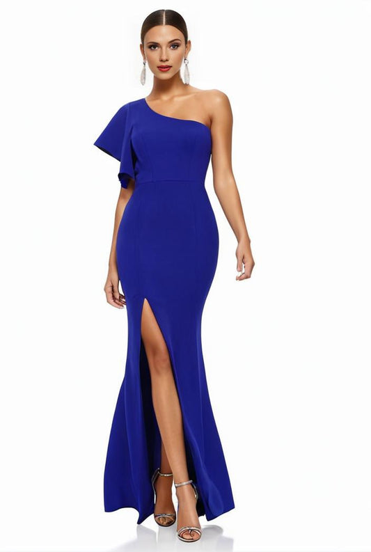elegant bodycon dress with slant shoulder ruffle trim and asymmetrical hem for parties and banquets 136157