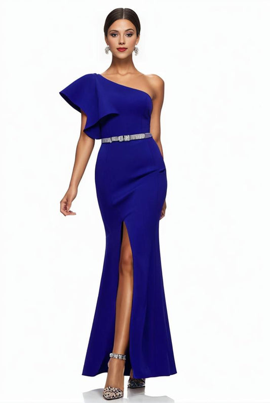 elegant bodycon dress with slant shoulder ruffle trim and asymmetrical hem for parties and banquets 136168