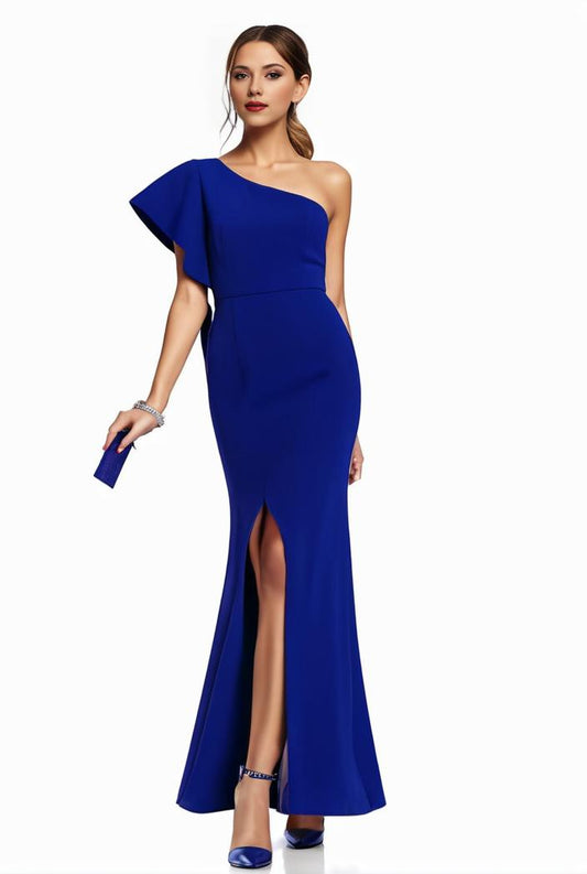elegant bodycon dress with slant shoulder ruffle trim and asymmetrical hem for parties and banquets 136179