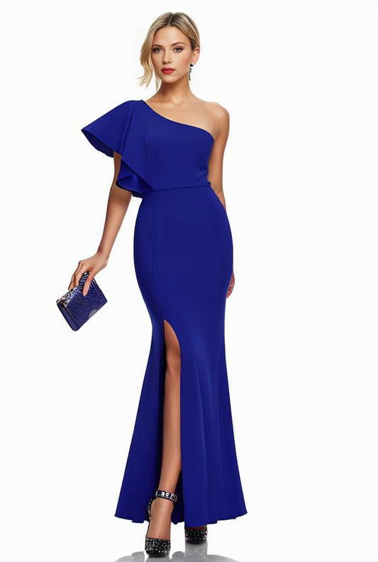 elegant bodycon dress with slant shoulder ruffle trim and asymmetrical hem for parties and banquets 136189