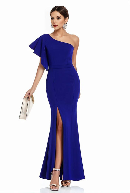 elegant bodycon dress with slant shoulder ruffle trim and asymmetrical hem for parties and banquets 136210