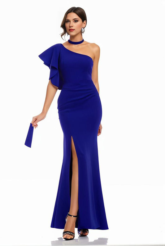 elegant bodycon dress with slant shoulder ruffle trim and asymmetrical hem for parties and banquets 136220