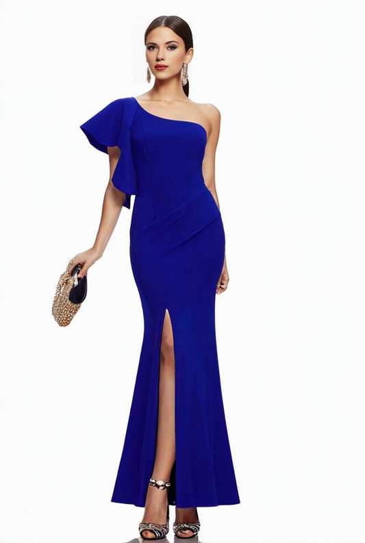 elegant bodycon dress with slant shoulder ruffle trim and asymmetrical hem for parties and banquets 136231