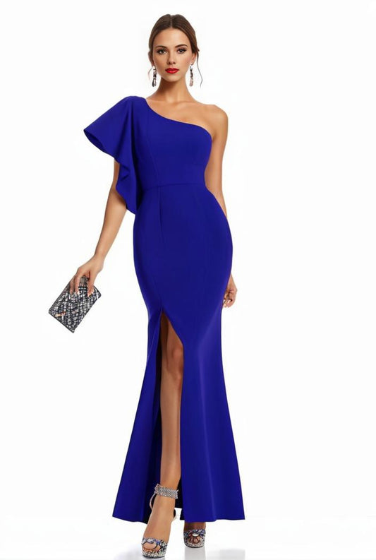 elegant bodycon dress with slant shoulder ruffle trim and asymmetrical hem for parties and banquets 136243