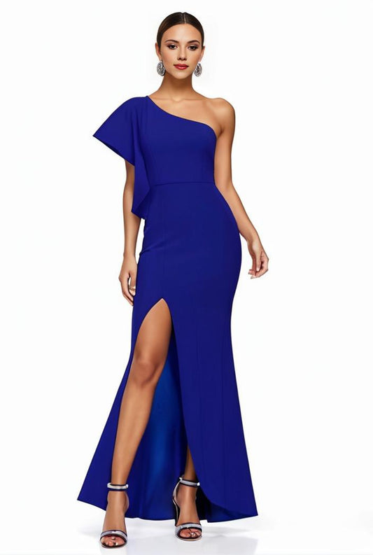 elegant bodycon dress with slant shoulder ruffle trim and asymmetrical hem for parties and banquets 136433