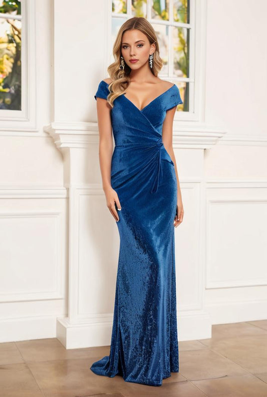 sparkling v neck bridesmaid gown with cap sleeves and floor length elegance for wedding celebrations 136434
