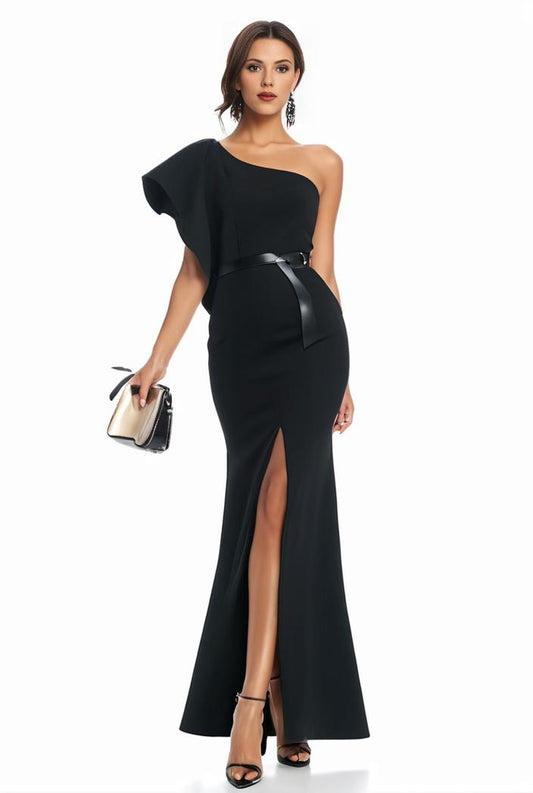 elegant bodycon dress with slant shoulder ruffle trim and asymmetrical hem for parties and banquets 136435