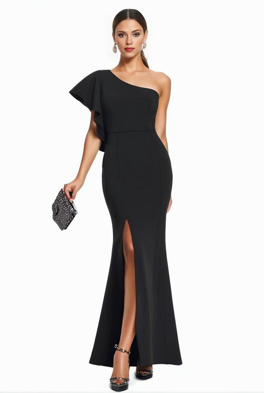 elegant bodycon dress with slant shoulder ruffle trim and asymmetrical hem for parties and banquets 136446