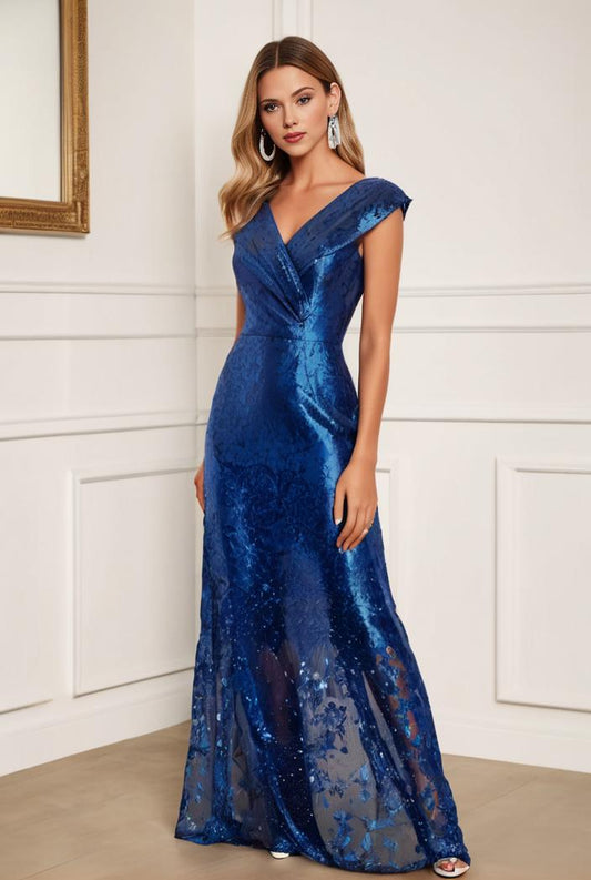 sparkling v neck bridesmaid gown with cap sleeves and floor length elegance for wedding celebrations 136447