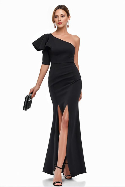 elegant bodycon dress with slant shoulder ruffle trim and asymmetrical hem for parties and banquets 136457